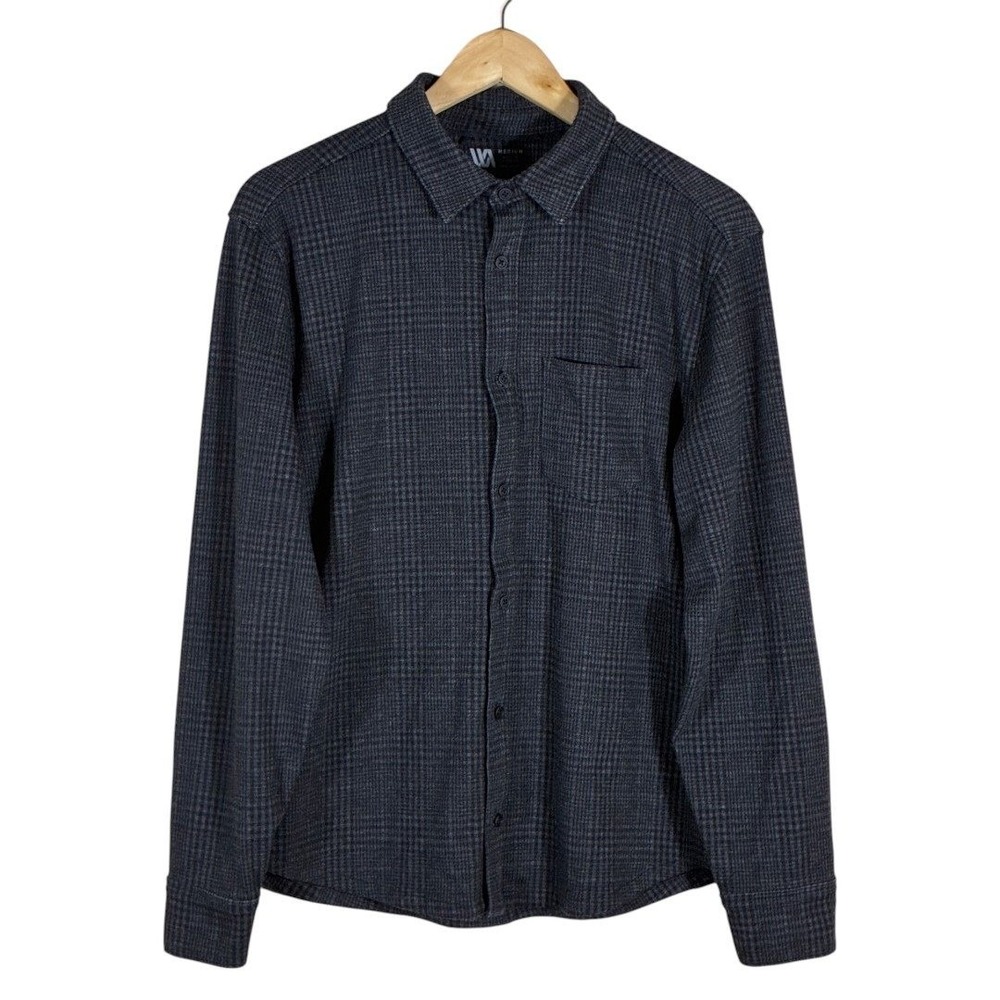 Mens Plaid Button Down Micro Houndstooth Shirt Grey Blue Stretch Size Medium